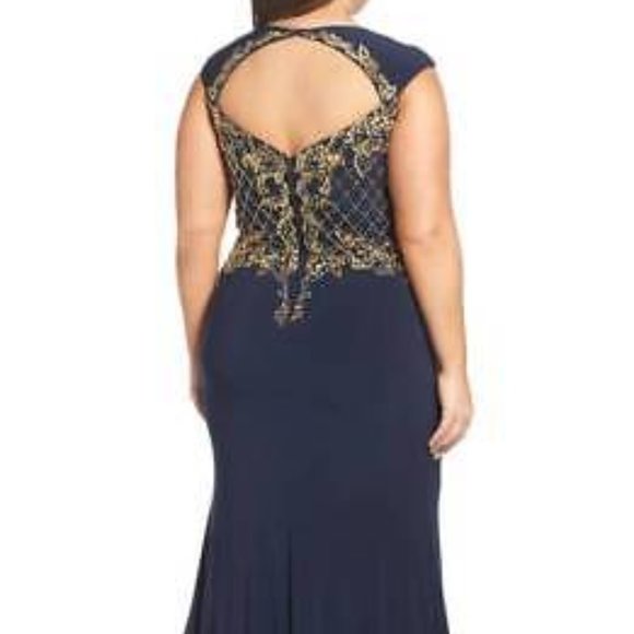 MAC DUGGAL EMBELLISHED JERSEY MERMAID MIDNIGHT NAVY GOWN DRSS sz 16W - Picture 3 of 8